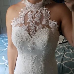 Custom high neck lace fit and flare wedding dress